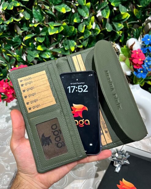 Kadın Deri Cüzdan Telefon Bölmeli Mıknatıslı Yeşil 1049