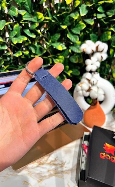 Hakiki Deri Anahtarlık İsim Baskılı Mavi 01