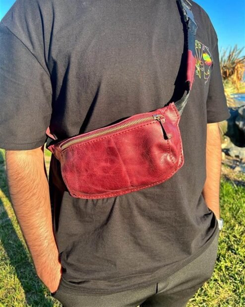 Crossbody Bel Çantası Eskitme Hakiki Deri Bordo 1035