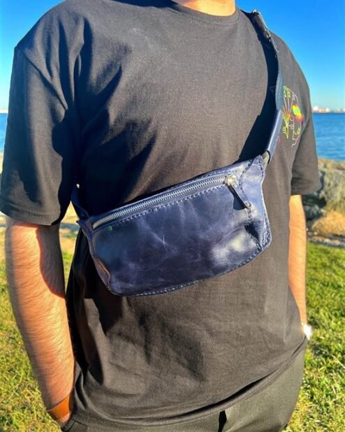 Crossbody Bel Çantası Eskitme Hakiki Deri Mavi 1035