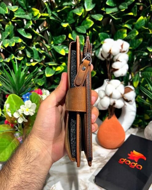 Hakiki Deri Eskitme Telefon Bölmeli Cüzdan Fındık 1032