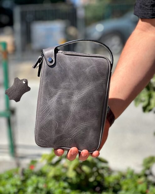 Dubai Hakiki Deri El Çantası Gri 101