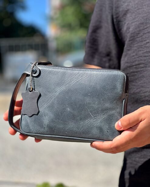 Dubai Hakiki Deri El Çantası Antrasit Füme 101