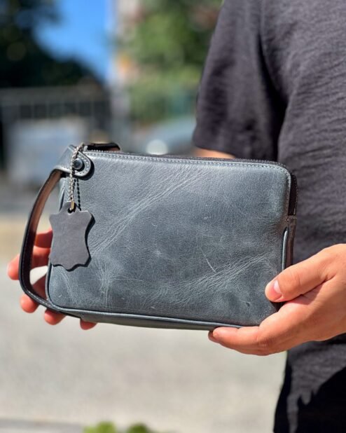 Dubai Hakiki Deri El Çantası Antrasit Füme 101