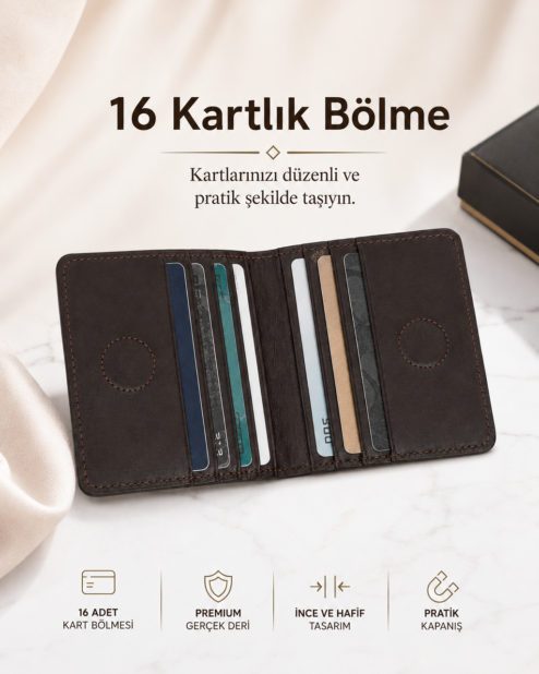 Hakiki Deri 16 Bölmeli Mıknatıslı Kartlık Cüzdan – İnce Tasarım Kahverengi