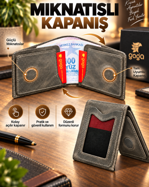 Yeni Nesil Cüzdan Kartlık Mıknatıslı Hakiki Deri Unisex Gri