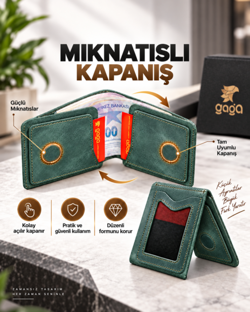 Yeni Nesil Cüzdan Kartlık Mıknatıslı Hakiki Deri Unisex Yeşil